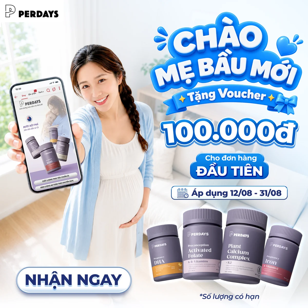 Perdays tặng voucher 100.000đ cho đơn hàng đầu tiên, áp dụng 12/08 đến 31/08